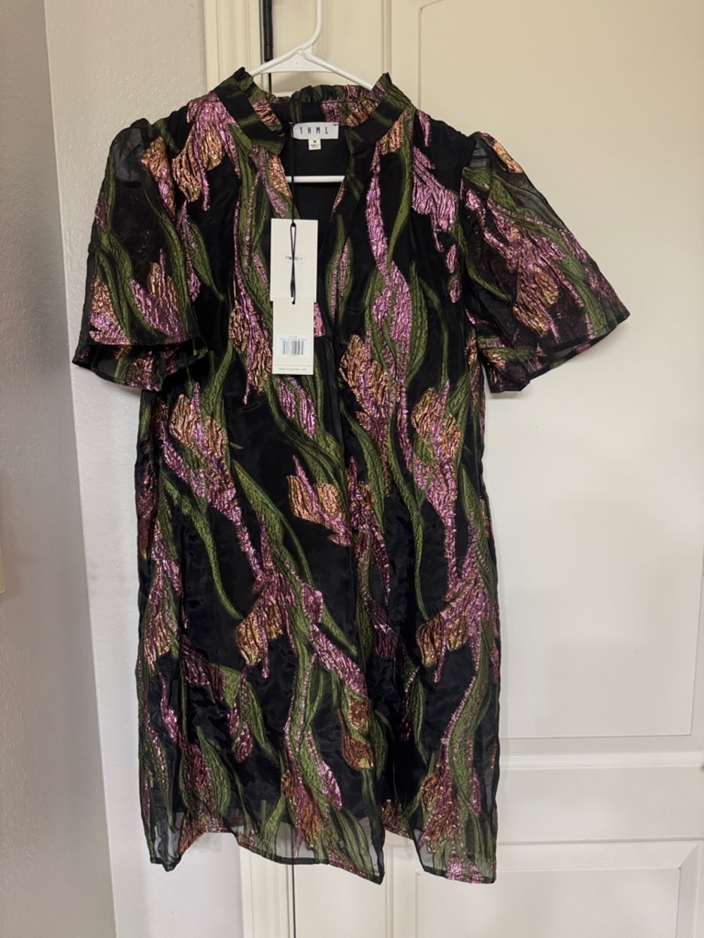 THML Black Mini Dress with Metallic Pink & Green Leaf Motif